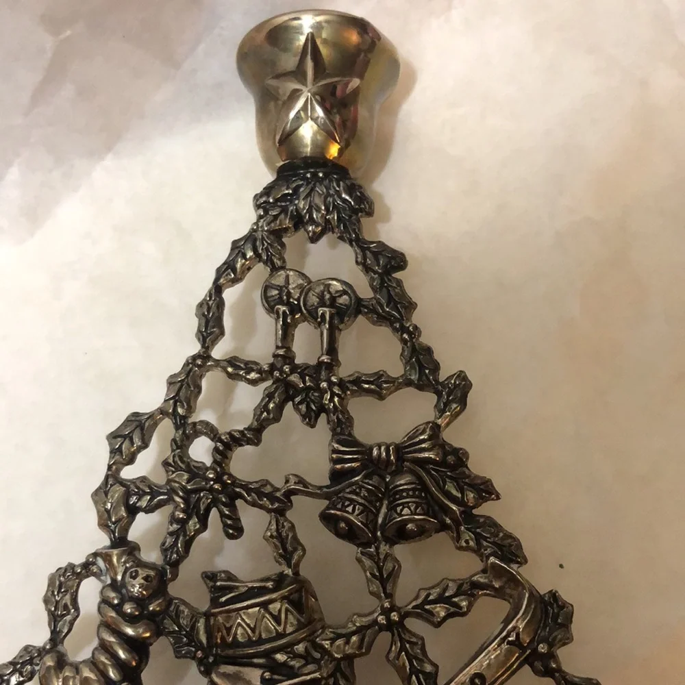 Vintage Silver Plate Christmas Tree Candle Holder Ornaments/Presents 10”x6.5”